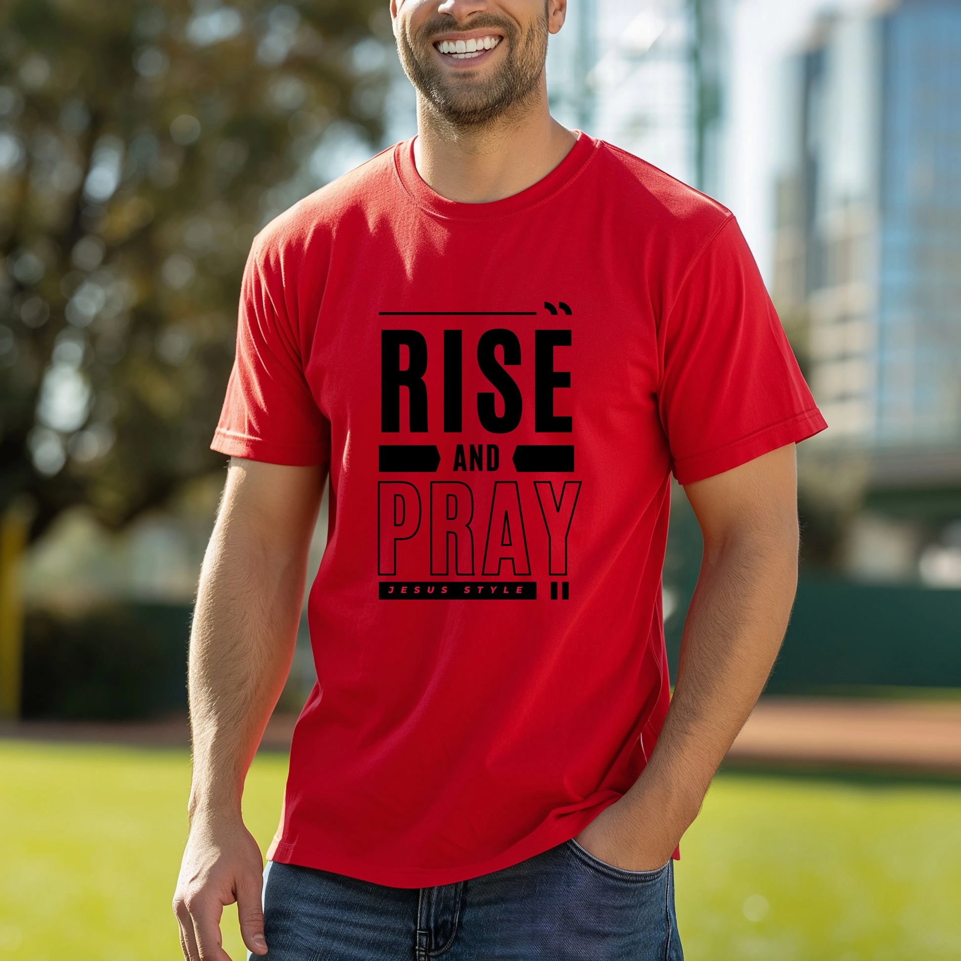 Rise And Pray Jesus Style Tee Christian Shirts, model guy