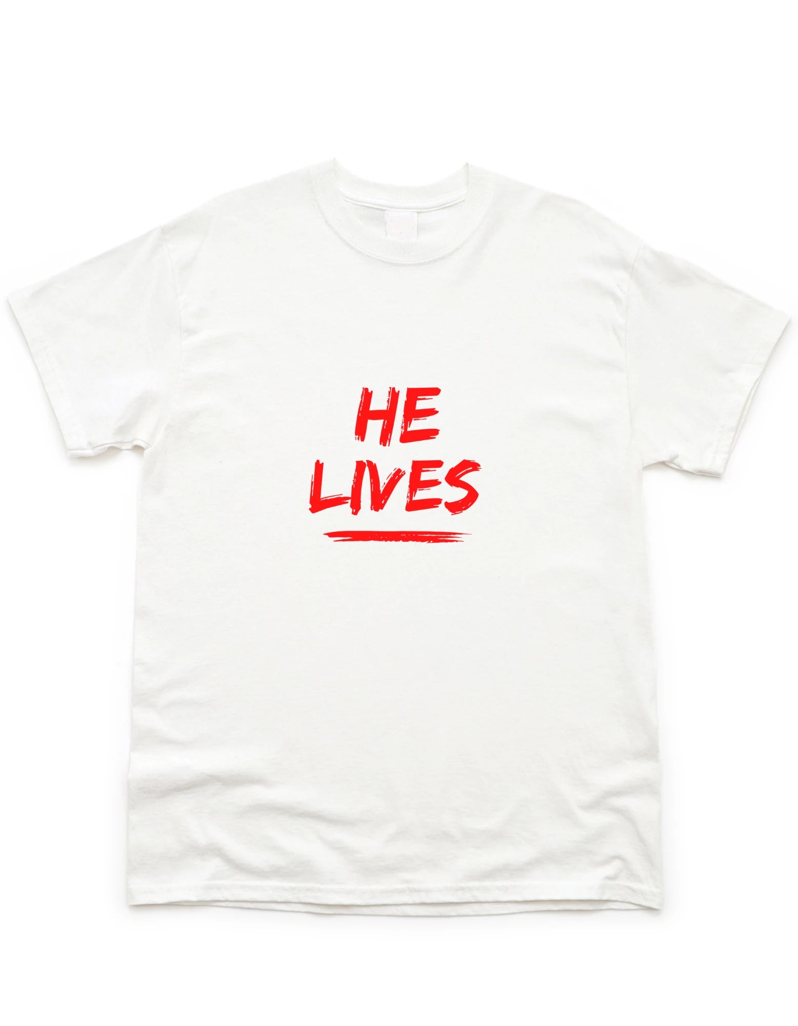 He lives Christian Tee Shirts Lay Flat