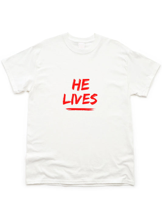 He lives Christian Tee Shirts Lay Flat