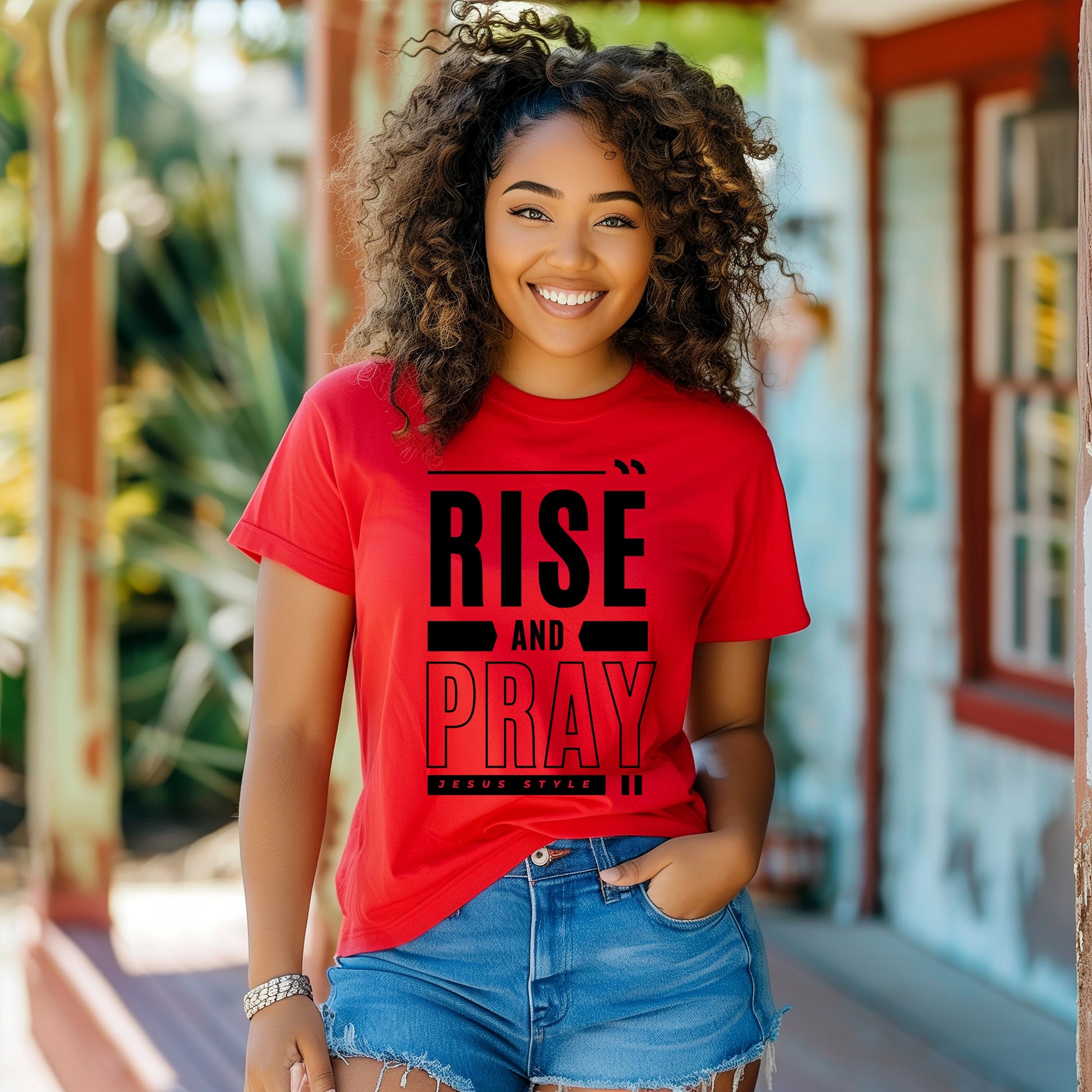 Rise And Pray Jesus Style Tee Christian Shirts, model girl